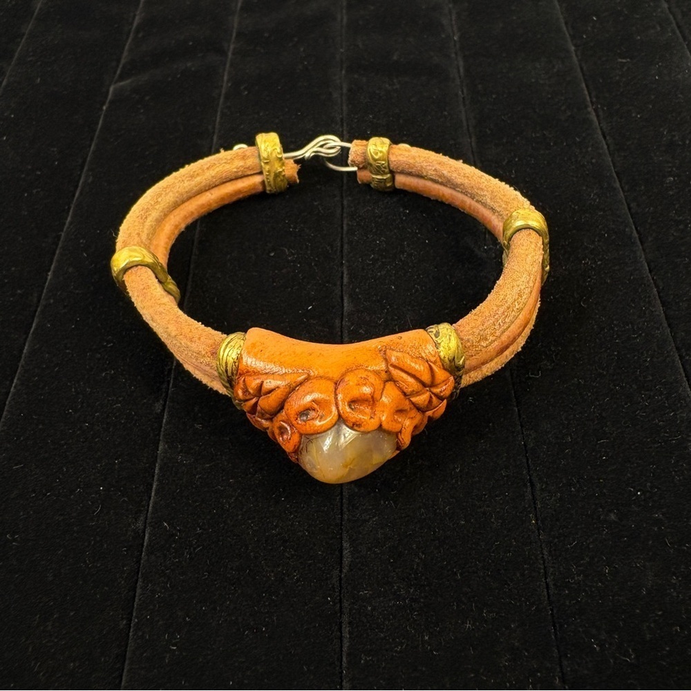 Boho Faux Leather Cuff | Artistic Resin Stone Costume Bracelet